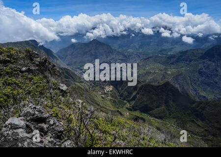 Cirque de Mafate taken from Le Maïdo on French overseas department of Reunion Island in the Indian Ocean. Stock Photo