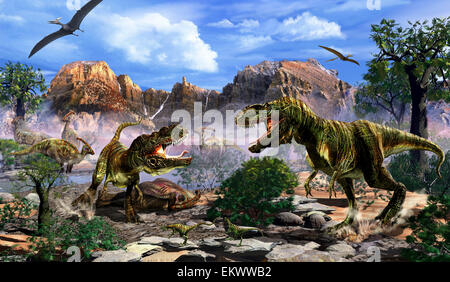 Two T-Rex dinosaurs fighting over a dead carcass. Stock Photo
