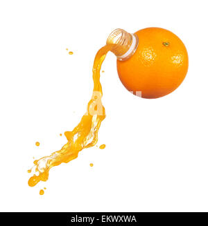 pouring juice from orange with bottle neck Stock Photo