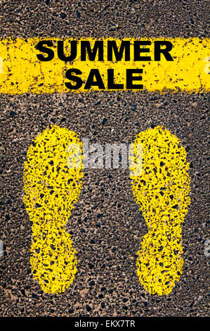 Summer Sale message. Conceptual image with yellow paint footsteps on the road in front of horizontal line over asphalt Stock Photo