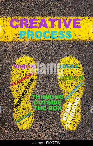 Creative Process. Conceptual image with yellow paint footsteps on the road in front of horizontal line over asphalt Stock Photo