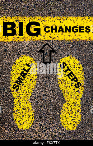 Small Steps Big Changes Message. Conceptual image with yellow paint footsteps on the road in front of horizontal line Stock Photo