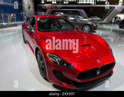 New York, NY - April 2, 2015: Exterior of Maserati Granturismo car on display at New York International Auto Show at Javits Center Stock Photo