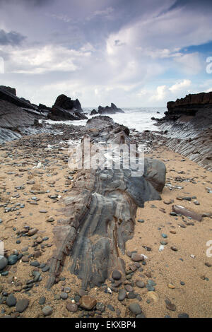 Stunning Bude beach during a storm in cornwall england uk Stock Photo