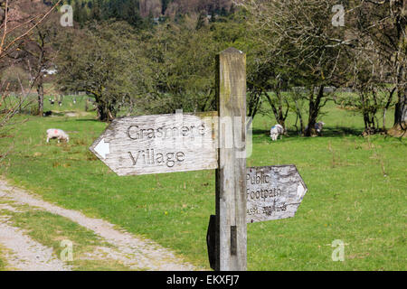 Wooden footpath sign pointing to Grasmere village across farmland field in Lake District National Park, Cumbria, England, UK, Great Britain Stock Photo