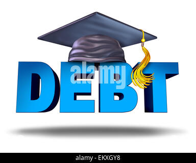 Student debt financial concept as a graduation mortar board on the word for school tuition loan repayment or lending and education financing symbol for university and college students on a white background. Stock Photo
