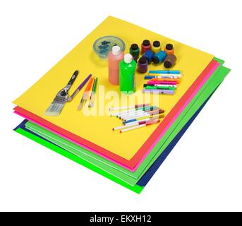Art supplies which include colorful poster boards, paint, markers, and brushes