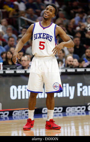 April 13, 2015: Philadelphia 76ers guard Ish Smith (5) reacts during the NBA game between the Milwaukee Bucks and the Philadelphia 76ers at the Wells Fargo Center in Philadelphia, Pennsylvania. The Milwaukee Bucks won 107-97. Stock Photo