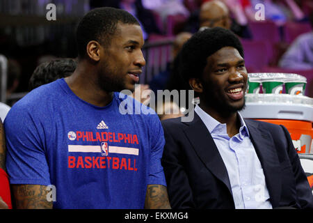 April 13, 2015: Philadelphia 76ers center Joel Embiid (21) looks on from the bench with forward Thomas Robinson (41) during the NBA game between the Milwaukee Bucks and the Philadelphia 76ers at the Wells Fargo Center in Philadelphia, Pennsylvania. The Milwaukee Bucks won 107-97. Stock Photo