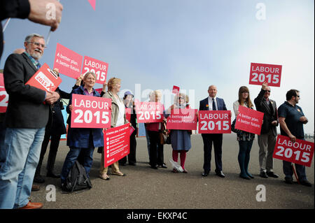 Hove Brighton UK 14 April 2015 - Labour Party activists on Hove seafront this morning as they wait for the visit of Justine Miliband wife of Labour Party leader Ed Miliband Stock Photo