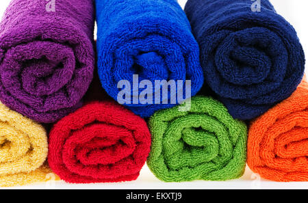 Colorful towels, cotton terry, rolled up. Stock Photo