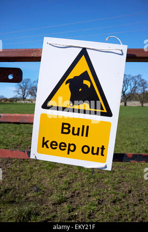 BULL KEEP OUT, WARNING SIGN, FARM, YELLOW. SIGN, SCOTLAND, UK Stock Photo