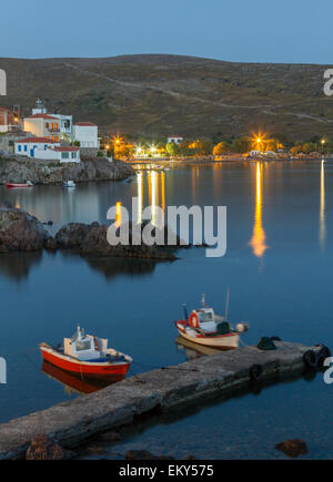 Blue hour in the picturesque fishing village of Sigri, Lesvos island, Greece. Stock Photo