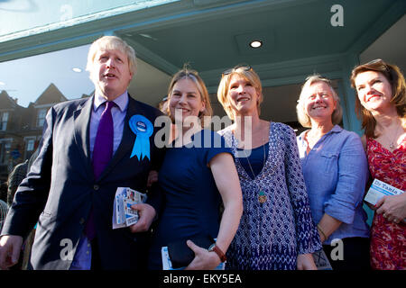 Teddington, Middlesex, United Kingdom. 14 April 2015.  Boris Johnson - the Mayor of London - visits Teddington as part of the Conservatives election campaigning.  He toured around independent shops in the High Street meeting local people, accompanied by Dr Tania Mathias the Conservative parliamentary candidate for Twickenham and also Zac Goldsmith the Conservative MP for Richmond Park. Credit:  Emma Durnford/Alamy Live News Stock Photo