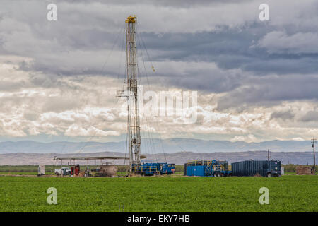 Oil Derrick on farmer's field. Kern County, located over the Monterey Shale, has seen a dramatic increase in oil drilling. Stock Photo
