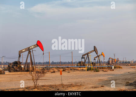 Pumpjacks at the Belridge Oil Field and hydraulic fracking site which is the fourth largest oil field in California. Kern County Stock Photo