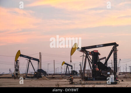 Pumpjacks at the Belridge Oil Field and hydraulic fracking site which is the fourth largest oil field in California. Kern County Stock Photo
