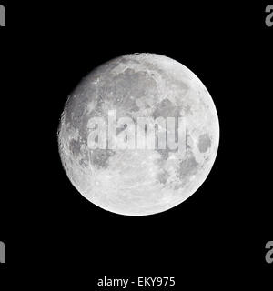 Moon (Waxing Gibbous), 13 days from new moon against black night sky Stock Photo
