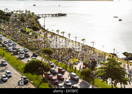 Protesters walk on Beira Mar Norte Avenue in the manifestation for the impeachment of Brazilian president. Stock Photo