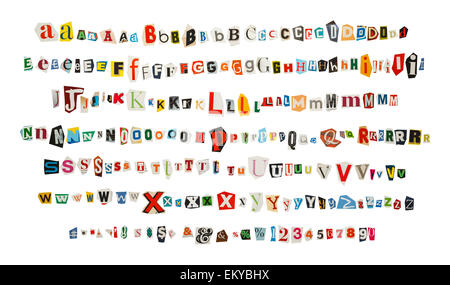 Cut out Kidnapper Ransom Note Letters Isolated on White Background. Stock Photo
