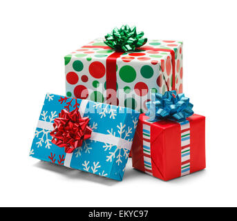 Three Christmas Wrapped Gifts Isolated on White Background. Stock Photo