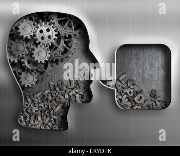 Metal head with brain gears and speech bubble Stock Photo