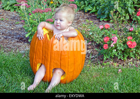 Little blond girl sitting in a Halloween carved pumpkin. Stock Photo