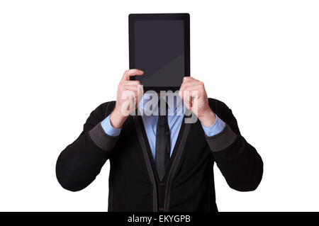 Businessman holding up a blank tablet pc in front of his face, isolated on white background Stock Photo