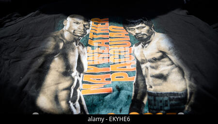 Las Vegas, Nevada, USA 14th April 2015. Las Vegas NV, USA. 14th Apr, 2015. Floyd Mayweather vs Manny Pacquiao official t-shirst on display during media day Tuesday in Las Vegas. Mayweather gets ready for his big fight with Manny Pacquiao on May 2nd at the MGM Grand hotel in Las Vegas. Photo by Gene Blevins/LA Daily News/ZumaPress. Credit:  Gene Blevins/ZUMA Wire/Alamy Live News Stock Photo