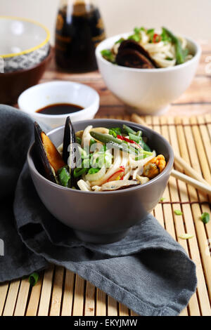 Chinese noodles with mussels, food Stock Photo
