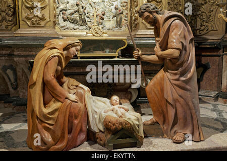 Mary, Joseph and baby Jesus, full scale nativity scene, La Seu Cathedral, Palma de Majorca, Majorca, Balearic Islands, Spain Stock Photo