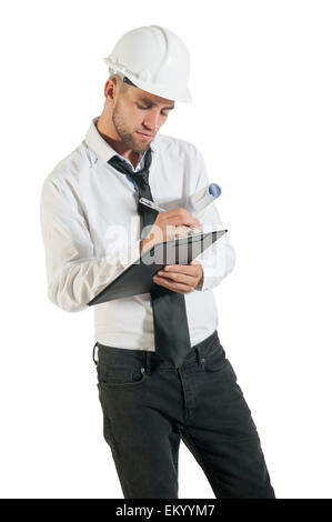 Young handsome construction worker with design plans isolated on white Stock Photo