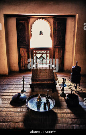 Ben Youssef Madrasa room. This building was an Islamic college in Marrakech and was named after the amoravid sultan Ali ibn Yusu Stock Photo