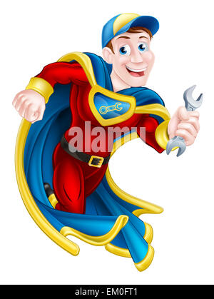 Illustration of a cartoon mechanic or plumber superhero mascot holding a spanner Stock Photo