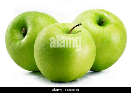 Three green apples isolated on white background. Stock Photo