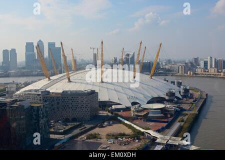 The O2 Arena on the Greenwich Peninsular at Docklands, London, England. Aerial view from Emirates Cable Car. Docklands in back Stock Photo