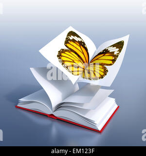 Red hardcover book open in its middle, as the wings of a butterfly Stock Photo