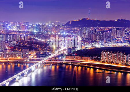 Seoul Tower and Downtown skyline at night, South Korea Stock Photo