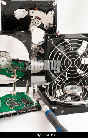 details of hard disk drive open and a fan Stock Photo