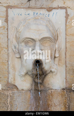 French ornate stone water fountain with graffiti proclaiming 'vive le france' Stock Photo