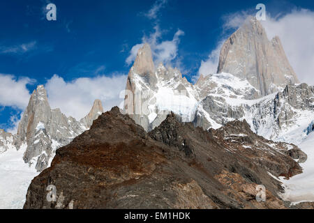 Mount Fitz Roy massif. From left to right: Saint Exupery needle,Juarez needle,Poincenot needle,Fitz Roy. Patagonia. Argentina Stock Photo
