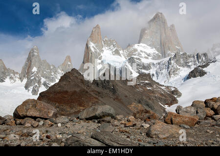 Mount Fitz Roy massif. From left to right: Saint Exupery needle,Juarez needle,Poincenot needle,Fitz Roy. Patagonia. Argentina Stock Photo