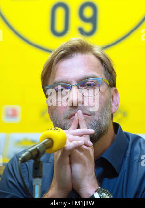 Dortmund, Germany. 15th Apr, 2015. Dortmund's coach Juergen Klopp speaks during a press conference in Dortmund, Germany, 15 April 2015. Borussia Dortmund coach Juergen Klopp will leave after seven years in summer because he no longer feels he is the right man at the German top club, it was announced 15 April 2015. PHOTO: FEDERICO GAMBARINI/dpa/Alamy Live News Stock Photo