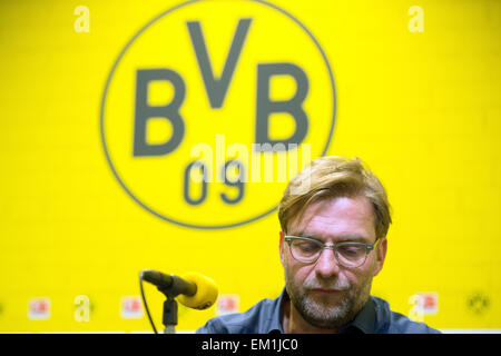 Dortmund, Germany. 15th Apr, 2015. Dortmund's coach Juergen Klopp speaks during a press conference in Dortmund, Germany, 15 April 2015. Borussia Dortmund coach Juergen Klopp will leave after seven years in summer because he no longer feels he is the right man at the German top club, it was announced 15 April 2015. PHOTO: FEDERICO GAMBARINI/dpa/Alamy Live News Stock Photo