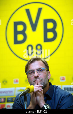 Dortmund, Germany. 15th Apr, 2015. Dortmund's coach Juergen Klopp speaks during a press conference in Dortmund, Germany, 15 April 2015. Borussia Dortmund coach Juergen Klopp will leave after seven years in summer because he no longer feels he is the right man at the German top club, it was announced 15 April 2015. PHOTO: FEDERICO GAMBARINI/dpa/Alamy Live News Stock Photo