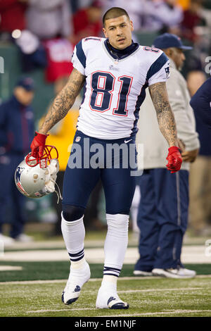 File. 15th Apr, 2015. Former New England Patriots player AARON HERNANDEZ has been found guilty of the first-degree murder of his friend, another American footballer. Hernandez was sentenced to life in prison without parole. Arrested in 2013 and charged with killing Odin Lloyd, a semi-pro player who was dating the sister of Hernandez's fiancee. Lloyd's body was found with six bullet wounds less than a mile from Hernandez's home. At the time, Hernandez had a contract worth $40m. But within hours of his arrest, the Patriots sacked Hernandez, considered one of the top tight ends playing the game Stock Photo