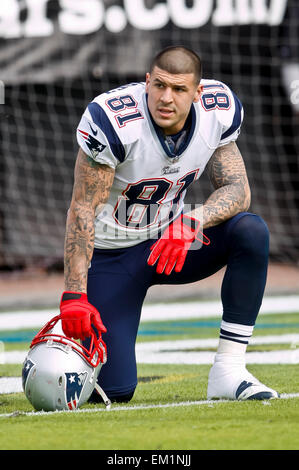 File. 15th Apr, 2015. Former New England Patriots player AARON HERNANDEZ has been found guilty of the first-degree murder of his friend, another American footballer. Hernandez was sentenced to life in prison without parole. Arrested in 2013 and charged with killing Odin Lloyd, a semi-pro player who was dating the sister of Hernandez's fiancee. Lloyd's body was found with six bullet wounds less than a mile from Hernandez's home. At the time, Hernandez had a contract worth $40m. But within hours of his arrest, the Patriots sacked Hernandez, considered one of the top tight ends playing the game Stock Photo