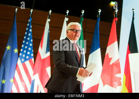 Luebeck, Germany. 15th Apr, 2015. German Foreign Minister Frank-Walter Steinmeier attends a press conference after the meeting of the G7 Foreign Ministers in Luebeck, Germany, on April. 15, 2015. The G7 foreign ministers issued here a joint statement on Wednesday, urging all sides to implement their commitments under the Minsk agreements in view of Ukraine situation. Credit:  Xinhua/Alamy Live News Stock Photo