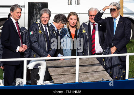Luebeck, Germany. 15th Apr, 2015.  (L to R) British Foreign Secretary Philip Hammond, Italian Foreign Minister Paolo Gentiloni, Luebeck's mayor Bernd Saxe, EU Foreign Policy Chief Federica Mogherini, German Foreign Minister Frank-Walter Steinmeier and US Secretary of State John Kerry stand on board of a cruise ship prior to a plenary session of the meeting of the G7 Foreign Ministers in Luebeck, Germany, on April. 15, 2015. Credit:  Xinhua/Alamy Live News Stock Photo