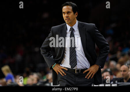 Philadelphia, Pennsylvania, USA. 15th Apr, 2015. Miami Heat head coach Erik Spoelstra looks on during the NBA game between the Miami Heat and the Philadelphia 76ers at the Wells Fargo Center in Philadelphia, Pennsylvania. © csm/Alamy Live News Credit:  Cal Sport Media/Alamy Live News Stock Photo